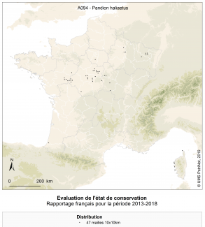 Distribution du Balbuzard pêcheur, Pandion haliaetus en France hors outre-mer (Patrinat, 2019)