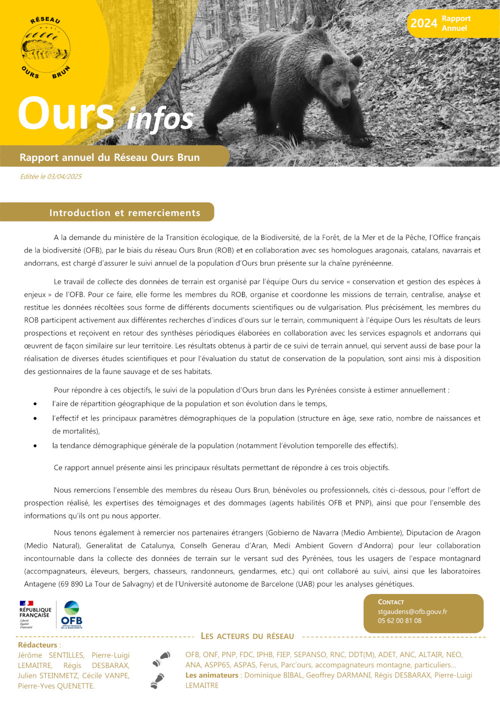 Couverture du rapport annuel Ours infos 2024 (avril 2025, réseau Ours brun, OFB)