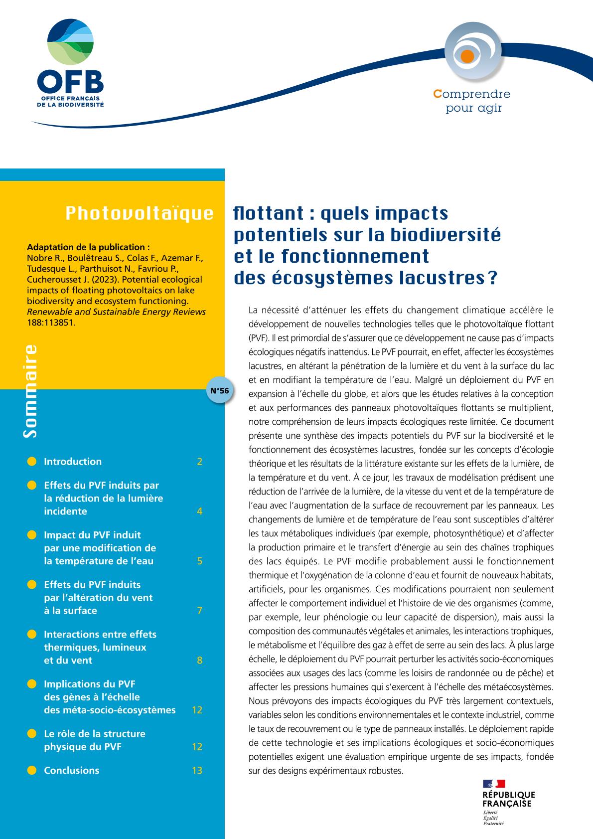 Couverture Photovoltaïque flottant : quels impacts potentiels sur la biodiversité et le fonctionnement des écosystèmes lacustres ? (Comprendre pour agir, OFB, 2025)