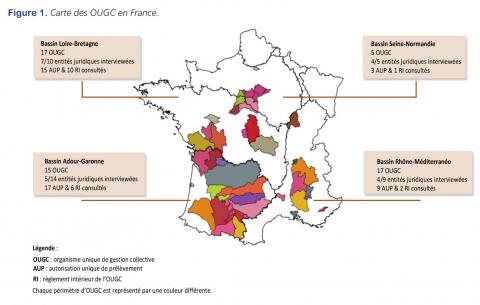 Carte des organismes uniques de gestion collective - OUGC en France (figure 1, Gestion collective des ressources, Comprendre pour agir, 2024, OFB)
