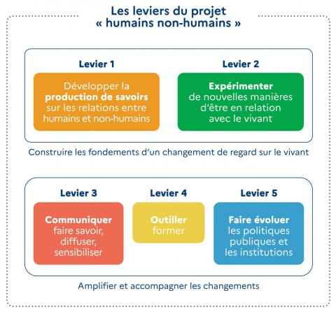 Les leviers du projet « humains non-humains », scéma issu de la plaquette (OFB, mars 2025)