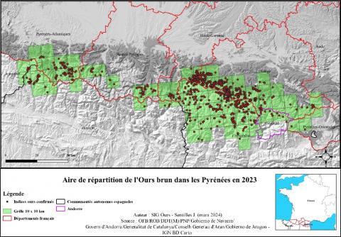 Aire de répartition de l'Ours brun dans les Pyrénées en 2023 (Réseau Ours brun)