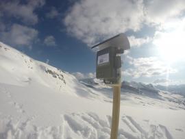 Enregistreur acoustique autonome installé dans la station de ski de Flaine pour le suivi de la population de lagopèdes alpins (Frédéric Sèbe, Université Jean Monet, 42)