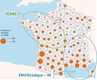 Périmètres des lauréats à l'APR Envoltaïque : projets Icare et Envoltaïque Sud-Est (fonds de carte issu de Chiffres clés des énergies renouvelables, 2023, SDES)
