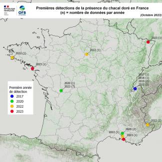  Carte des premières détections de chacals dorés en France (OFB, octobre 2023)