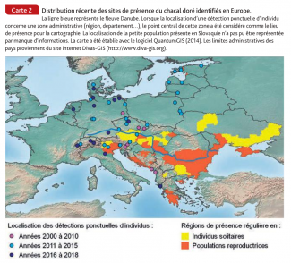 Distribution 2000-2018 du Chacal doré en Europe (Faune sauvage 320, 2018, carte 2)