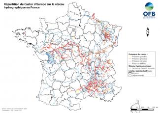 Castor d'Europe - Répartition, France métropolitaine 2022 (OFB)