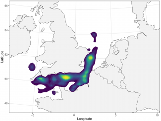 Zones fréquentées par les truites de mer suivies depuis la Bresle, la Tamar et la Frome (projet Samarch). Gradient de densité du plus fort (jaune) au plus faible (bleu foncé).